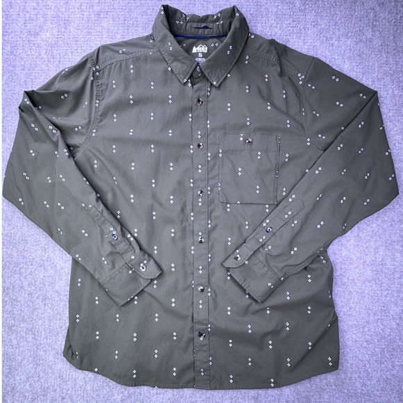 REI Co-op Mens XL Olive Green Diamond Western Print Long Sleeve Button Up Shirt - Picture 2 of 9